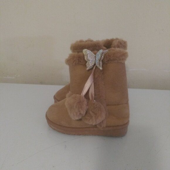 Girls Tan Faux Suede Fur-Lined Winter Boots with Pom Poms & Rhinestone Butterfly - Picture 1 of 8